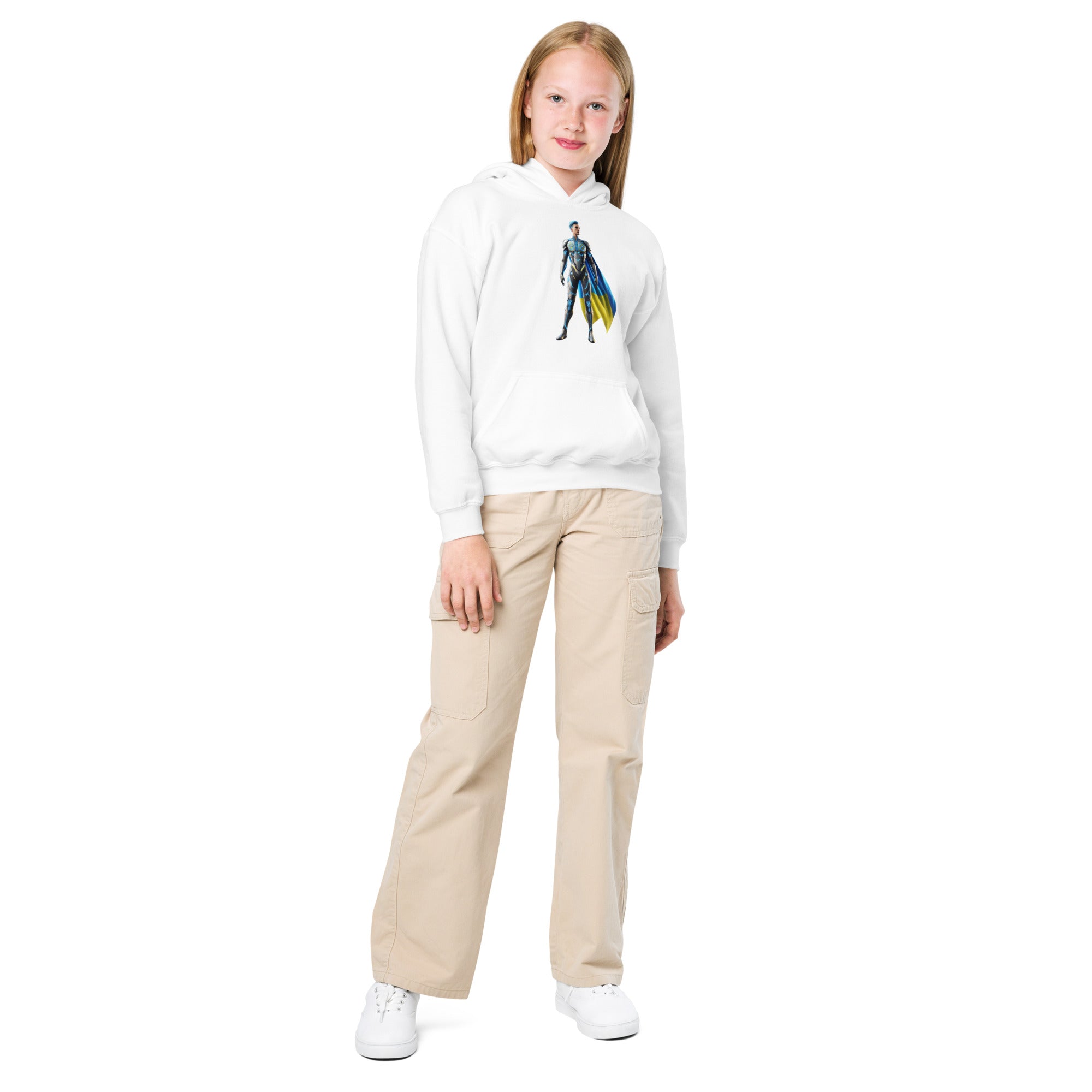 Youth wearing white hoodie with Ukrainian superhero design, showcasing style and comfort in heavy blend fabric.