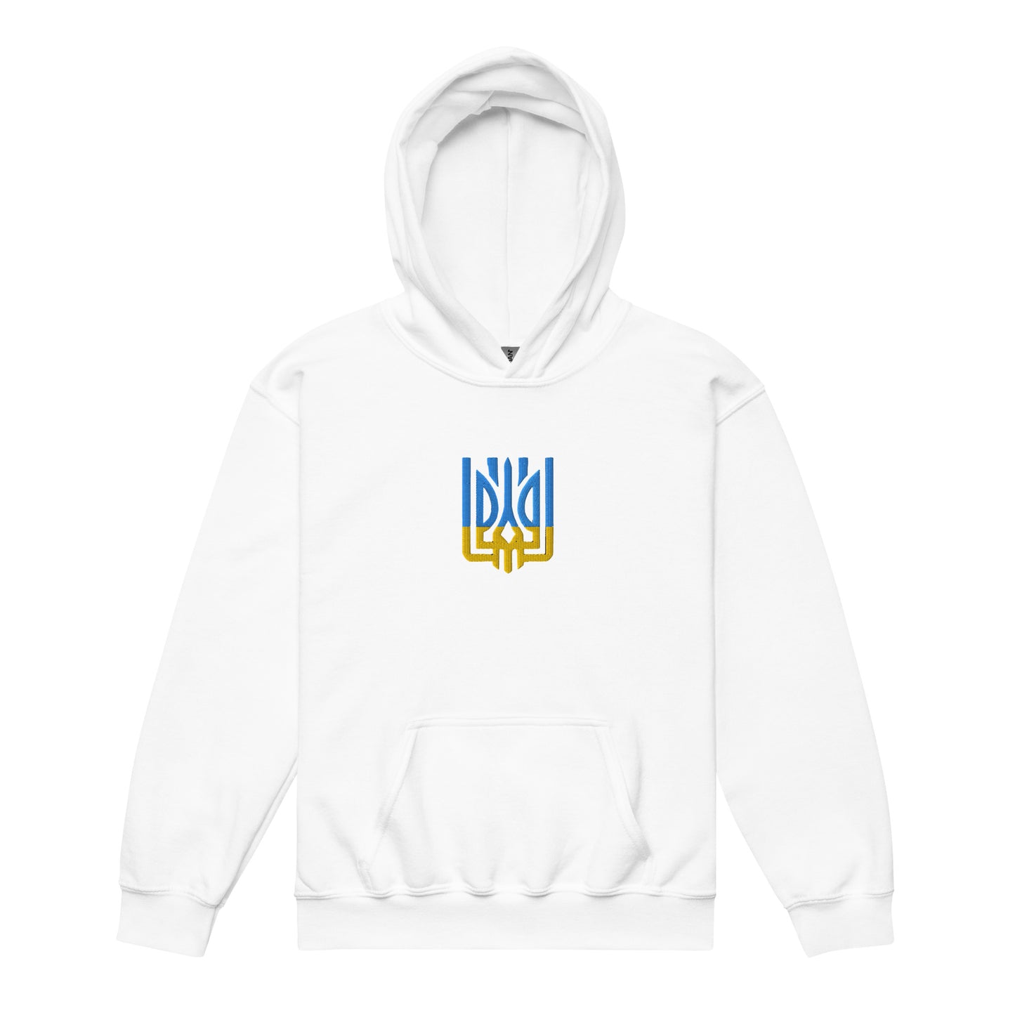 Youth heavy blend hoodie with Tryzub emblem in white, showcasing Ukrainian heritage and style for active kids.