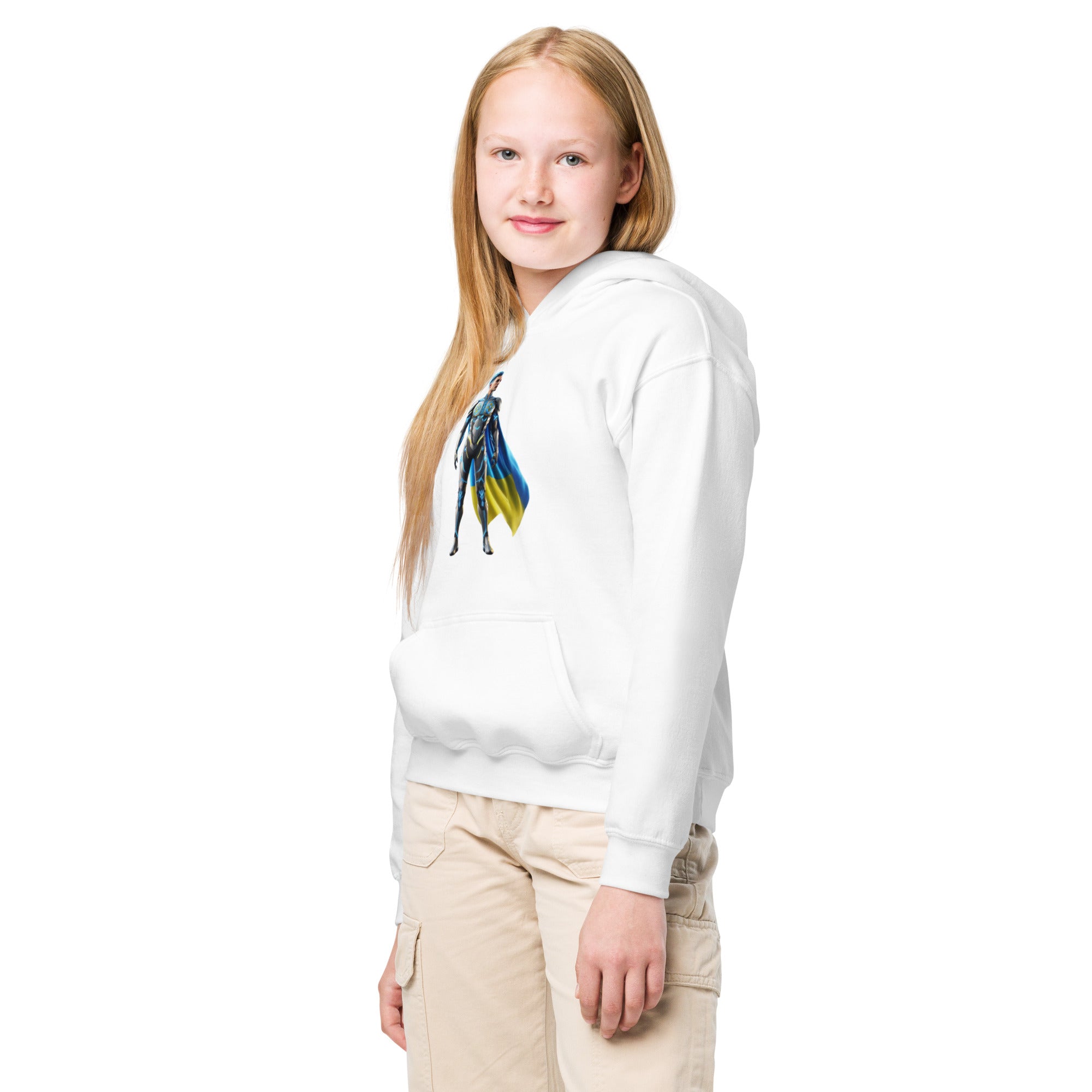 Youth wearing a white hoodie with Ukrainian superhero design, showcasing style and comfort in a durable cotton-poly blend.