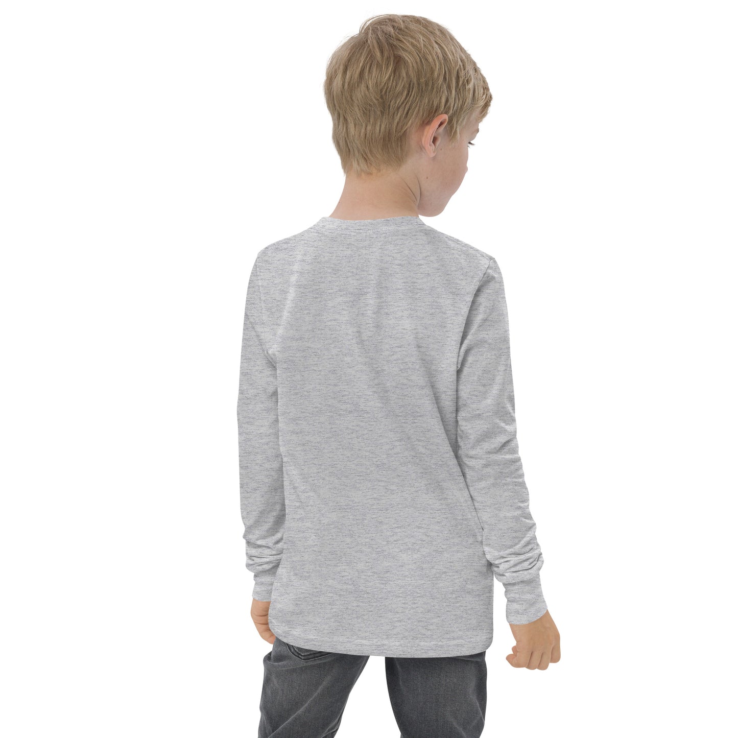 Boy wearing gray youth long sleeve tee with Ukrainian Vibe Tryzub logo on the back, made from soft, durable Airlume cotton.