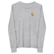 Youth long sleeve shirt with golden Ukrainian Trizub on the heart, made from soft Airlume cotton, featuring a classic crew neck and ribbed cuffs.