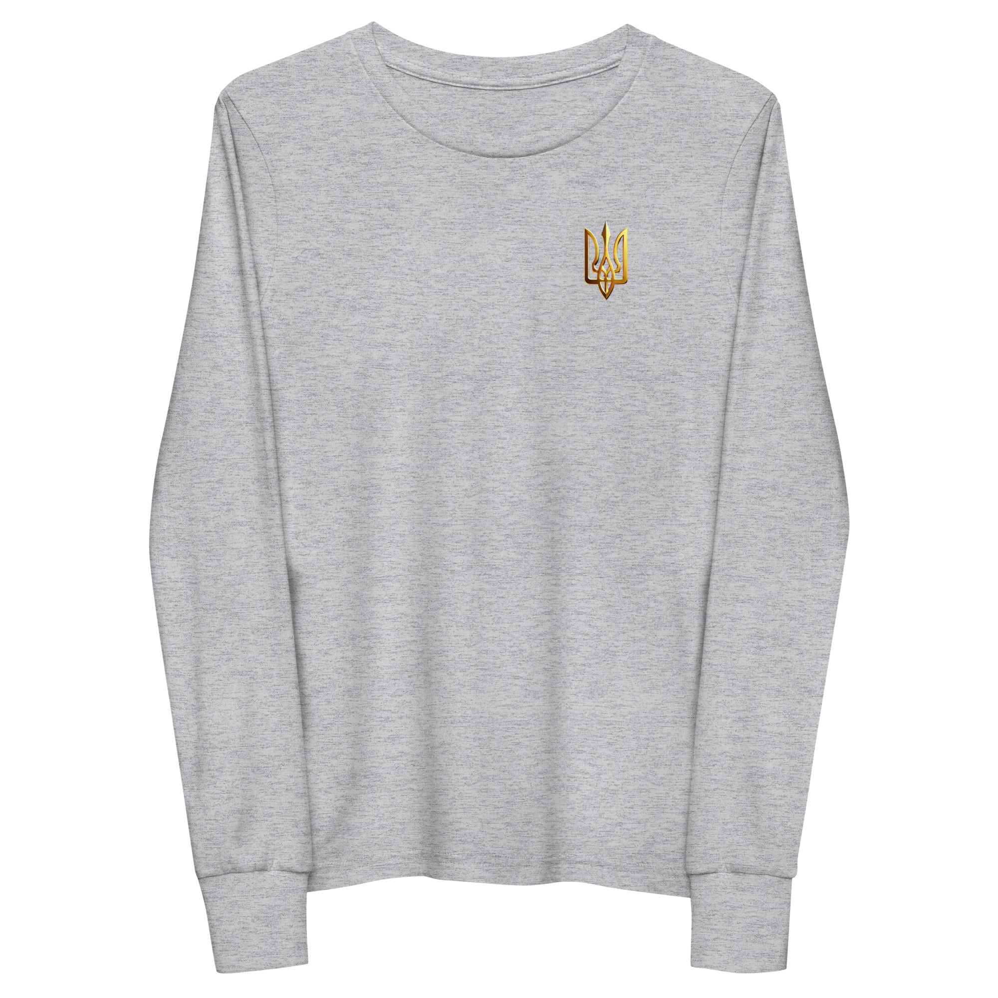 Youth long sleeve shirt with golden Ukrainian Trizub on the heart, made from soft Airlume cotton, featuring a classic crew neck and ribbed cuffs.