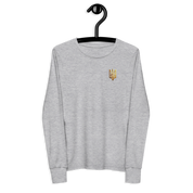Youth gray long sleeve shirt with golden Ukrainian Trizub on heart, showing national pride, made from comfy Airlume cotton.