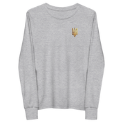 Youth long sleeve grey shirt with golden Ukrainian Trizub, crew neck, ribbed cuffs, and soft cotton fabric.