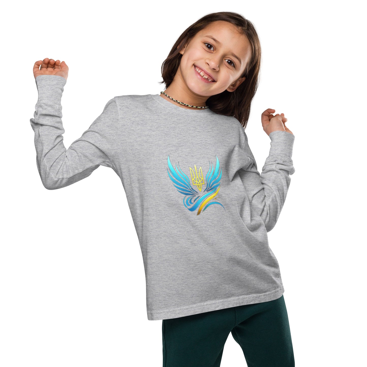 Youth wearing grey long sleeve tee with Ukrainian Vibe Tryzub logo, showcasing cultural pride and comfort in soft Airlume cotton.