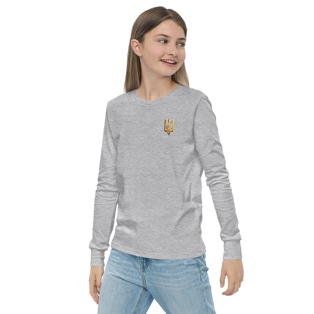 Youth long sleeve shirt with golden Ukrainian Trizub design on the heart, showcasing heritage and style.