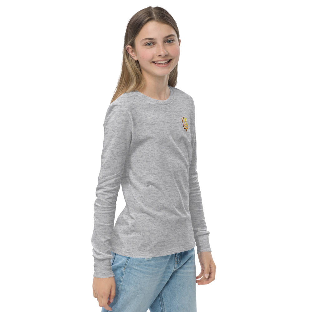 Youth wearing long sleeve shirt with golden Ukrainian Trizub on heart, in heather gray, showcasing pride and heritage.