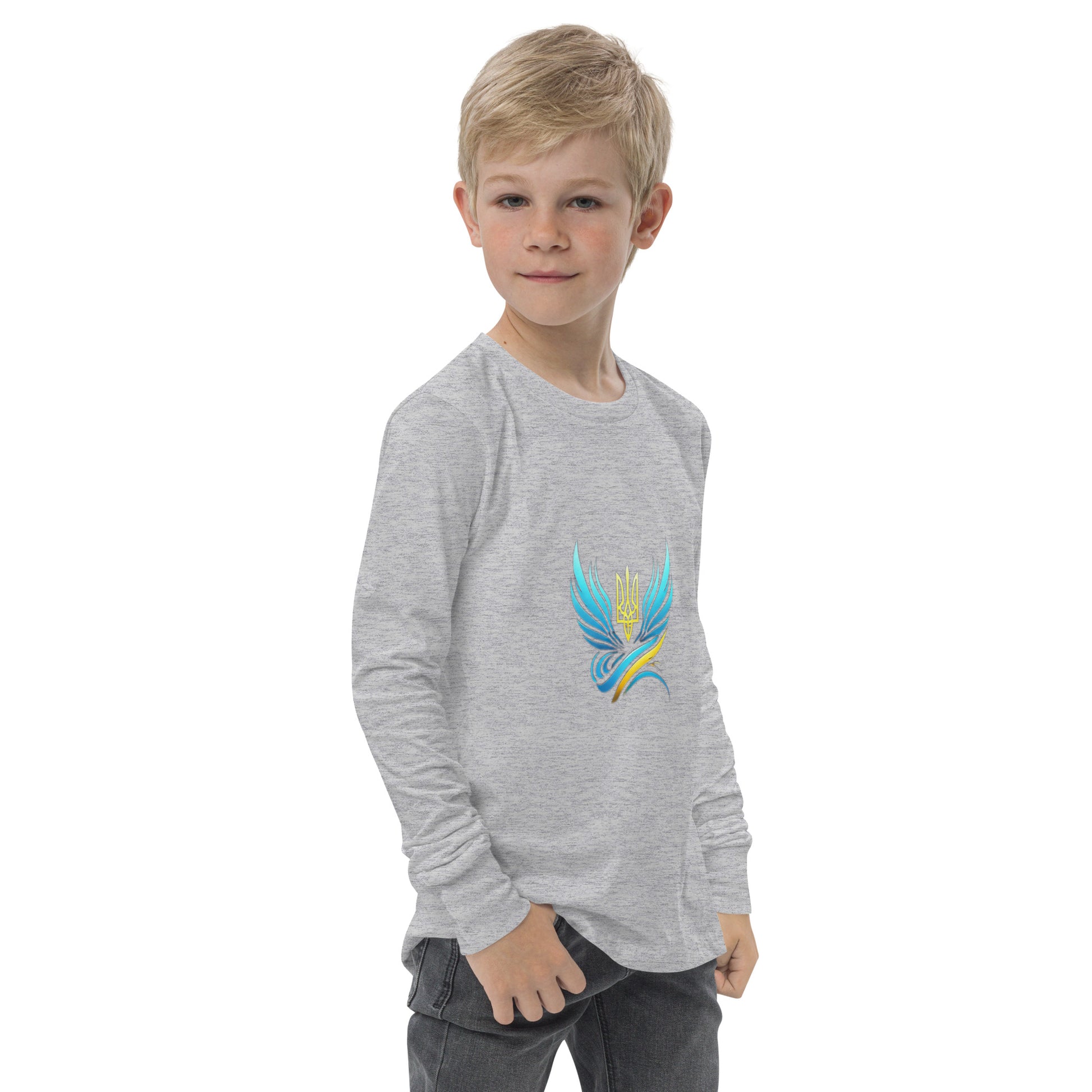 Youth in gray long sleeve tee with Ukrainian Vibe Tryzub logo, showcasing soft Airlume cotton material.