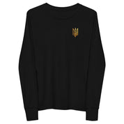 Youth long sleeve black shirt with golden Ukrainian Trizub on chest, showcasing heritage with comfort and style.