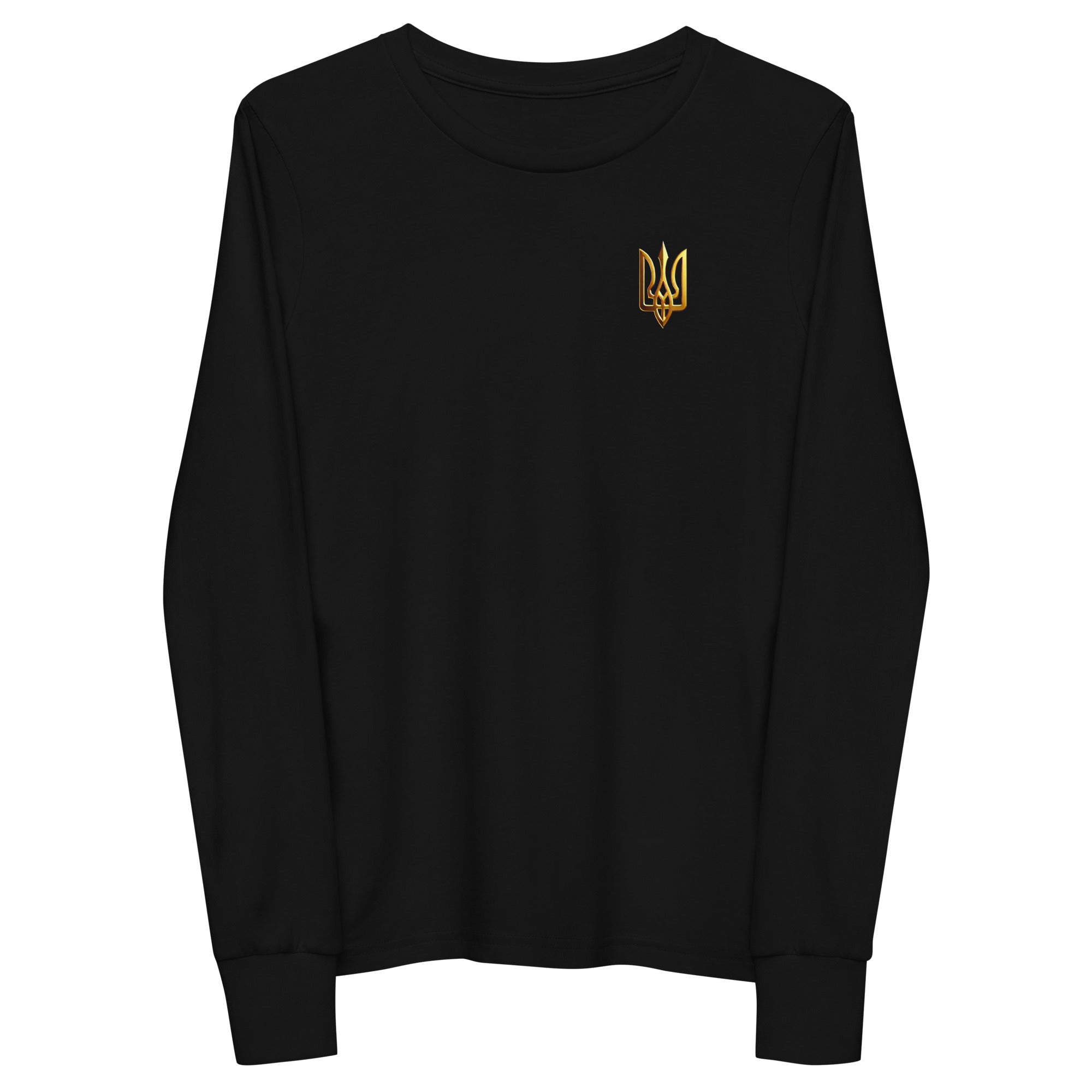 Youth long sleeve black shirt with golden Ukrainian Trizub on chest, showcasing heritage with comfort and style.