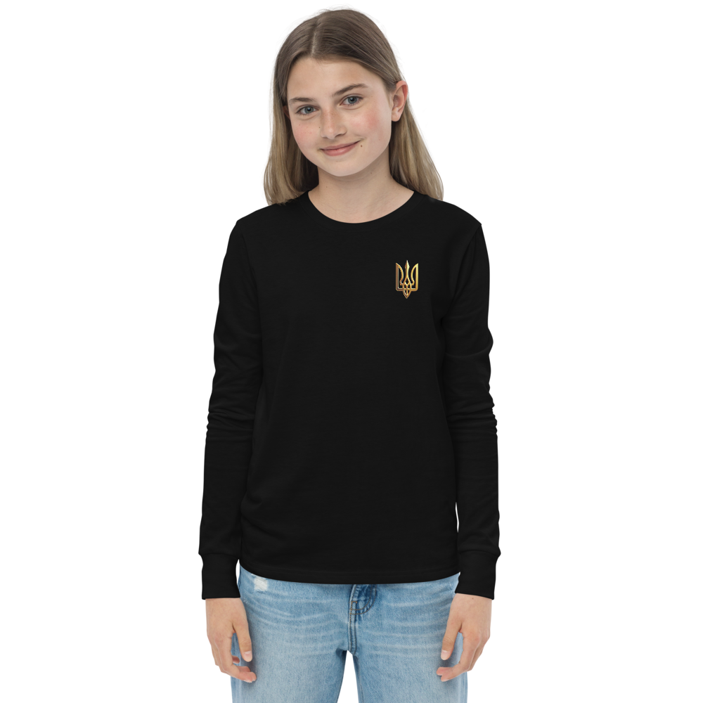 Youth wearing black long sleeve shirt with golden Ukrainian Trizub on heart, showcasing Ukrainian pride and comfort.