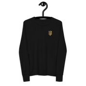 Youth long sleeve shirt with golden Ukrainian Trizub on heart, made of soft black cotton with a classic crew neck and ribbed cuffs.