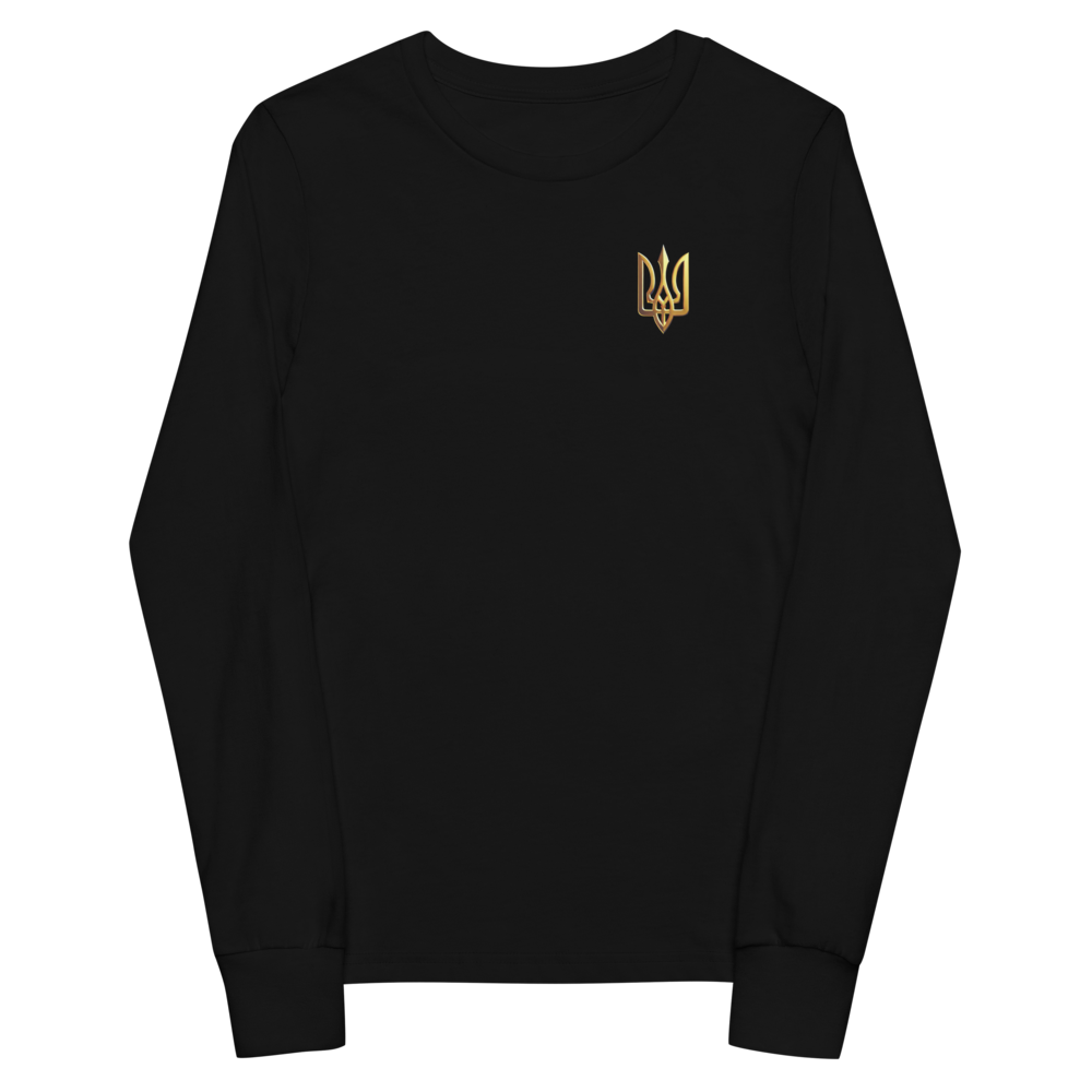 Youth long sleeve shirt with golden Ukrainian Trizub on heart, black color, featuring soft Airlume cotton and ribbed cuffs.