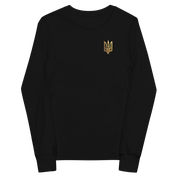 Youth long sleeve shirt with golden Ukrainian Trizub on heart, black color, featuring soft Airlume cotton and ribbed cuffs.