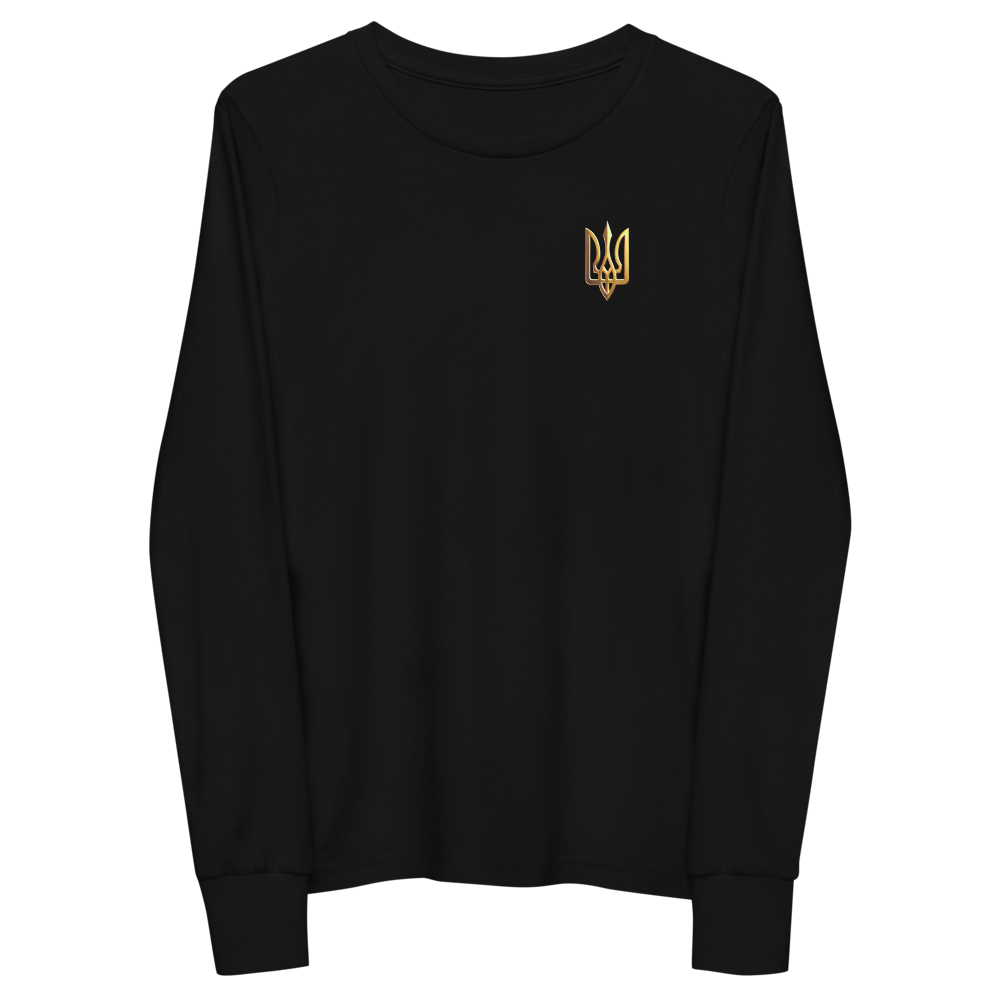 Youth long sleeve shirt with golden Ukrainian Trizub on heart, black crew neck, showing heritage pride, casual wear.