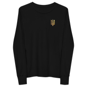 Youth long sleeve shirt with golden Ukrainian Trizub on heart, black crew neck, showing heritage pride, casual wear.
