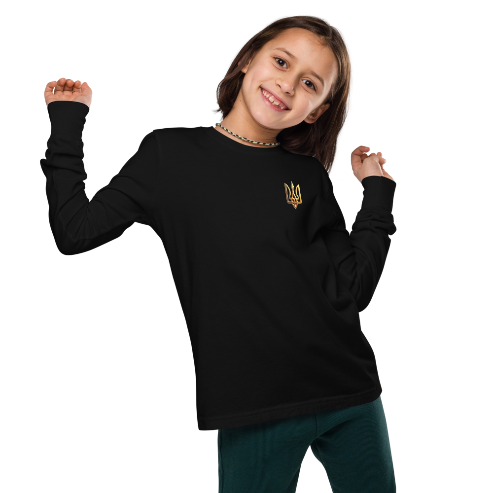Youth wearing long sleeve shirt with golden Ukrainian Trizub design, showcasing heritage and style.