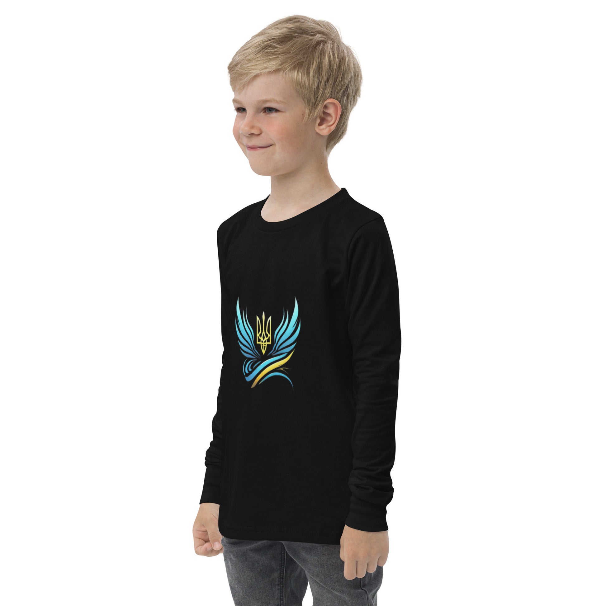 Youth wearing a black long sleeve tee with Ukrainian Vibe Tryzub logo, representing heritage and style.