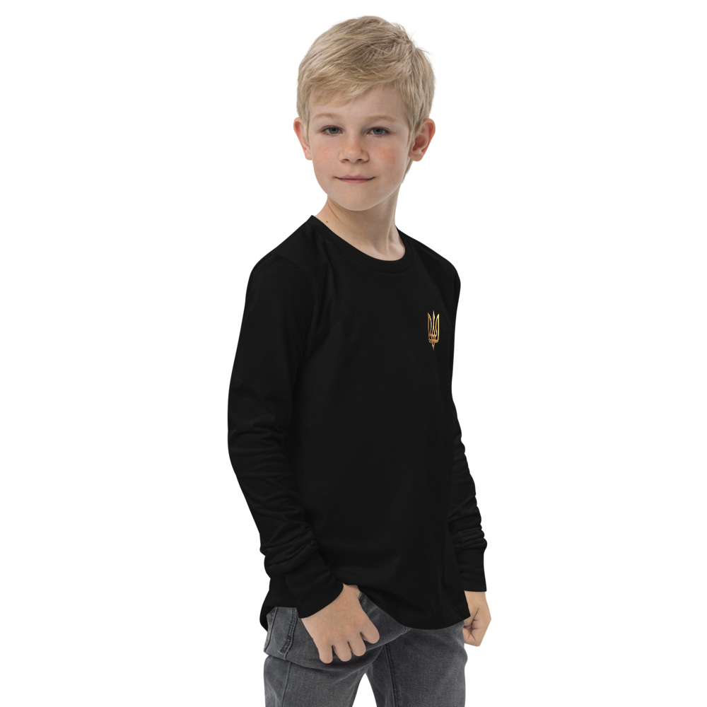 Youth wearing black long sleeve shirt with gold Ukrainian trizub on heart, soft Airlume cotton, showcasing Ukrainian pride.
