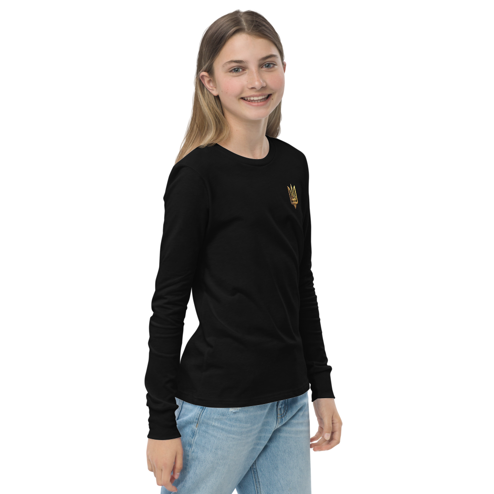 Youth wearing black long sleeve shirt with golden Ukrainian Trizub on chest, showcasing cultural pride and comfort.