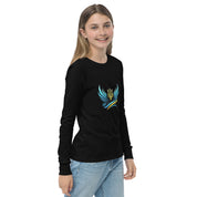 Youth wearing long sleeve tee with Ukrainian Vibe Tryzub logo, made from soft Airlume cotton, showcasing heritage and style.