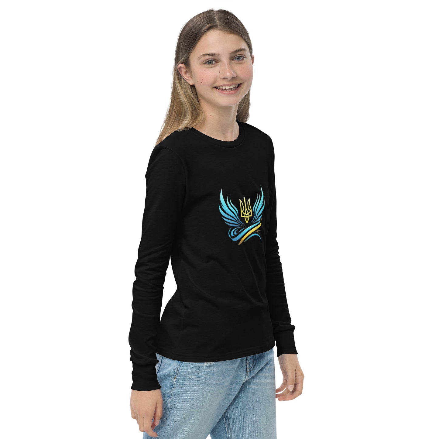 Youth wearing long sleeve tee with Ukrainian Vibe Tryzub logo, made from soft Airlume cotton, showcasing heritage and style.