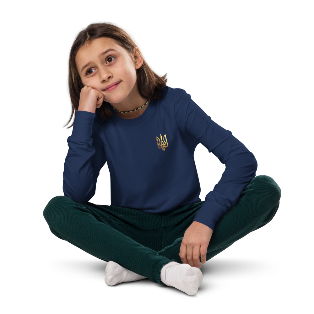 Youth Long Sleeve Shirt with Golden Ukrainian Trizub on Heart, Soft Airlume Cotton, Classic Fit, Durable and Comfortable