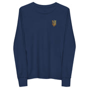 Youth long sleeve shirt with golden Ukrainian Trizub on the heart, navy blue, made from soft Airlume cotton.