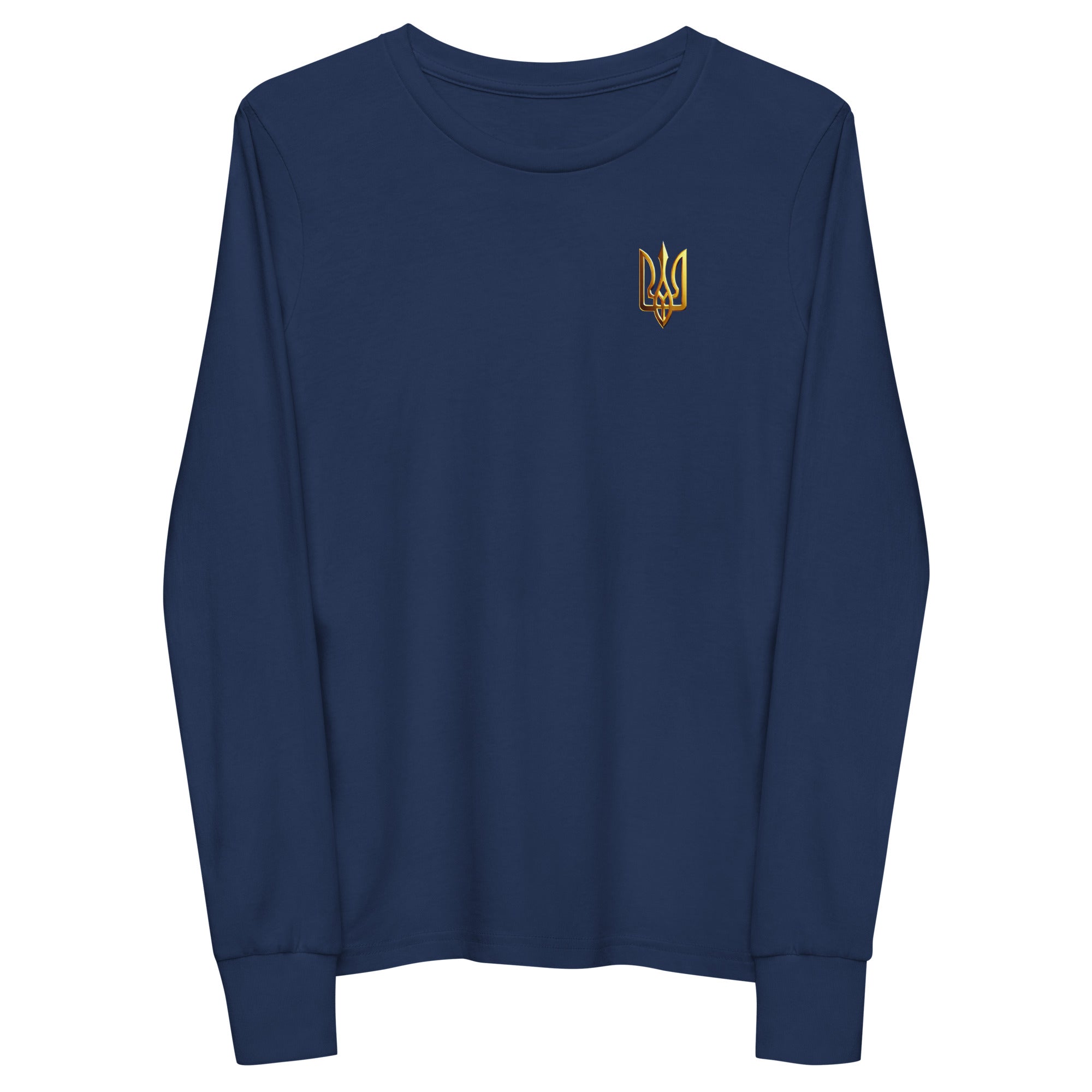 Youth long sleeve shirt with golden Ukrainian Trizub on the heart, navy blue, made from soft Airlume cotton.
