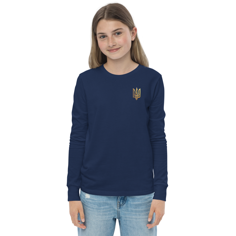 Youth wearing long sleeve shirt with golden Ukrainian Trizub on heart, showcasing heritage and style in navy color.