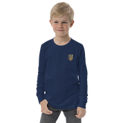 Youth wearing a navy long sleeve shirt with golden Ukrainian Trizub on the heart, showcasing national pride.