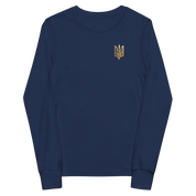 Youth navy long sleeve shirt with golden Ukrainian Trizub on heart, soft cotton, classic crew neck, and ribbed cuffs.