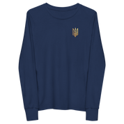 Youth long sleeve shirt with golden Ukrainian Trizub on heart, navy blue, showcasing heritage and style, made from 100% Airlume cotton.