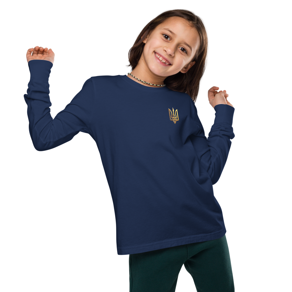 Youth in navy long sleeve shirt with golden Ukrainian Trizub design, soft cotton, crew neck, ribbed cuffs, cultural pride clothing.