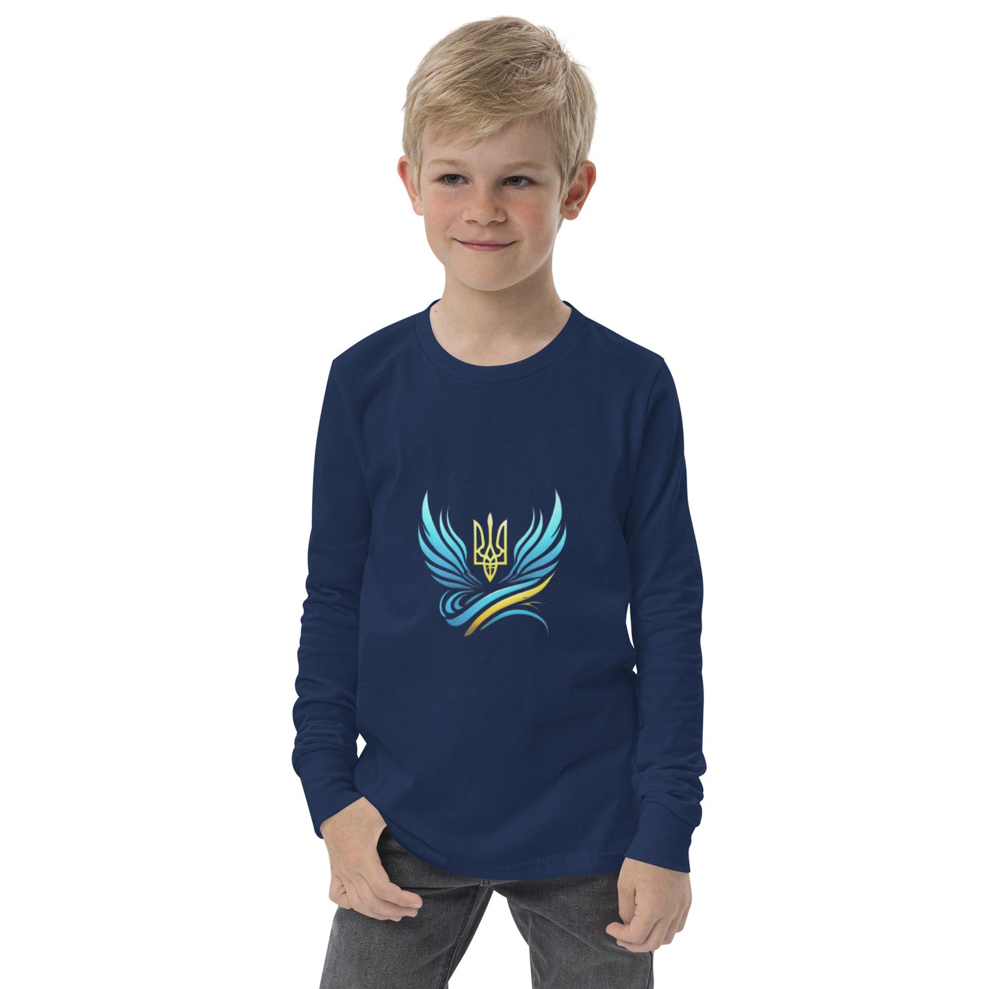 Youth wearing navy long sleeve tee with Ukrainian Tryzub logo and blue wing design, showcasing cultural pride and comfort.