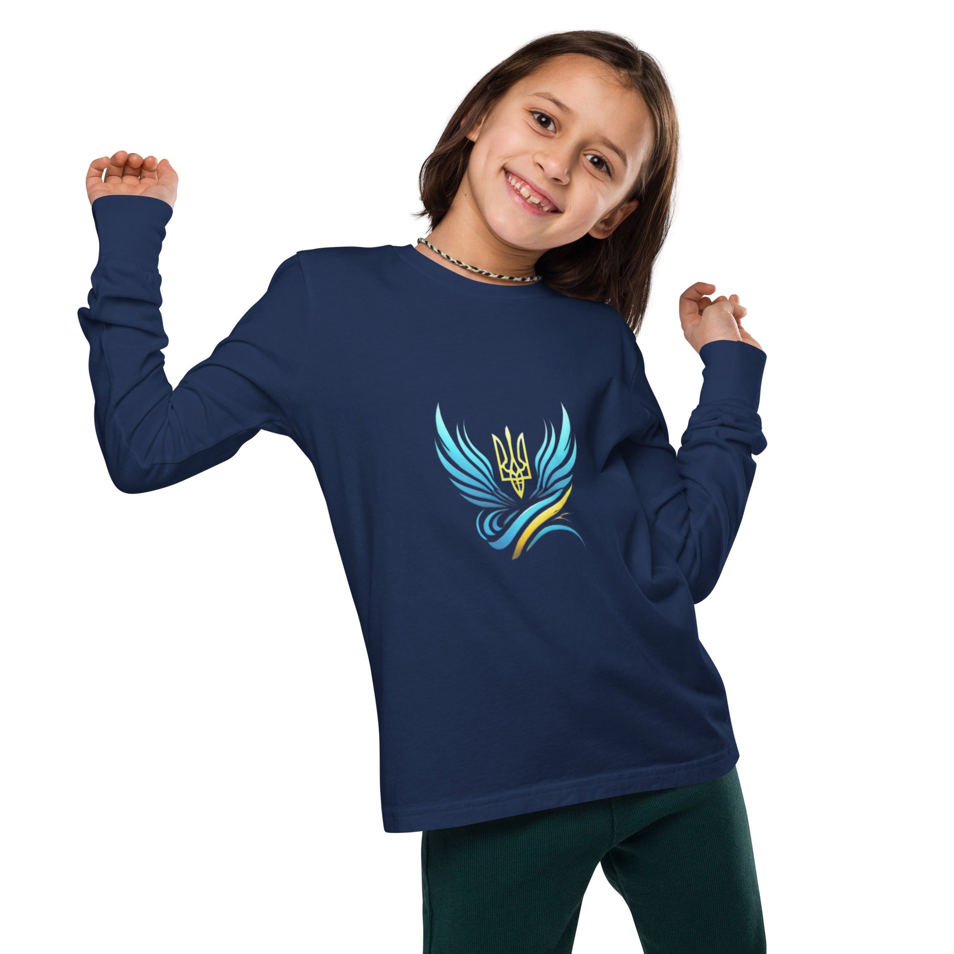 Youth wearing long sleeve tee with Ukrainian Vibe Tryzub logo, navy color, made from soft Airlume cotton for comfort and durability.