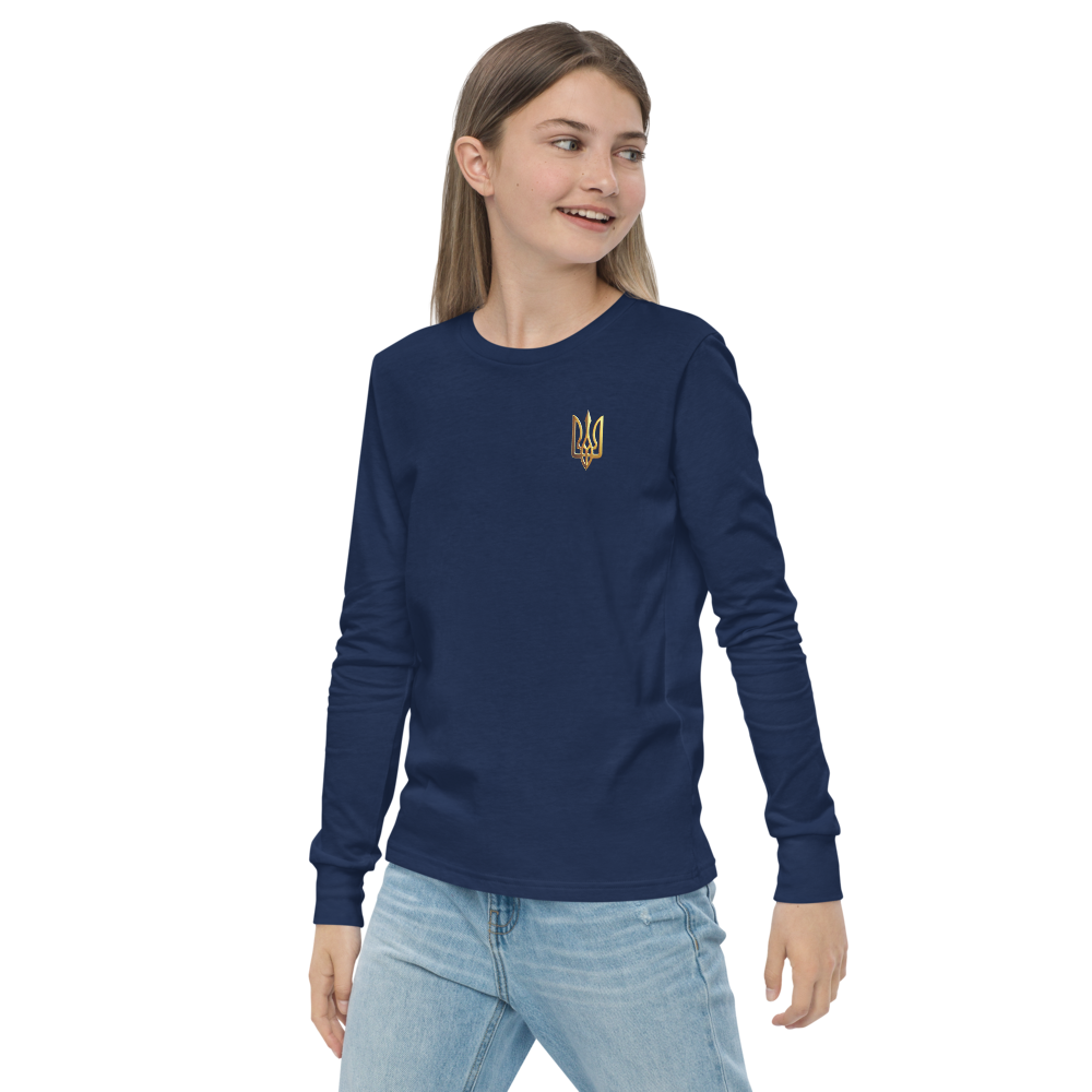 Youth wearing navy long sleeve shirt with golden Ukrainian Trizub on heart, showcasing heritage and style.