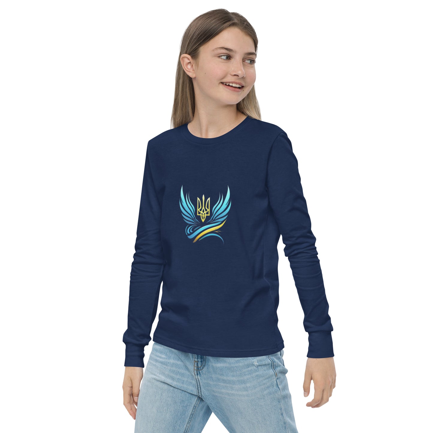 Youth wearing navy long sleeve tee with Ukrainian Vibe Tryzub logo, made from soft Airlume cotton, showcasing heritage and comfort.