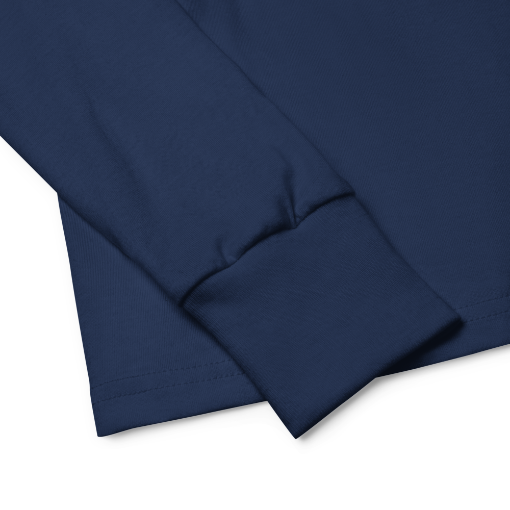 Navy youth long sleeve shirt with ribbed cuff detail showcasing soft, durable Airlume cotton fabric.