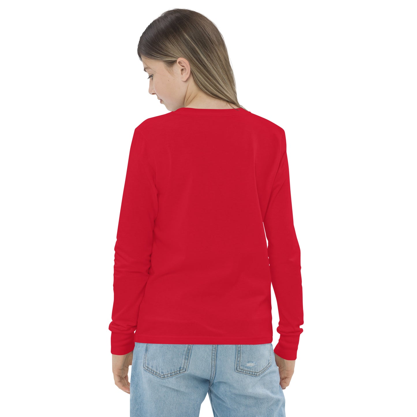 Youth wearing red long sleeve tee, back view, showcasing comfortable fit and soft Airlume cotton fabric.