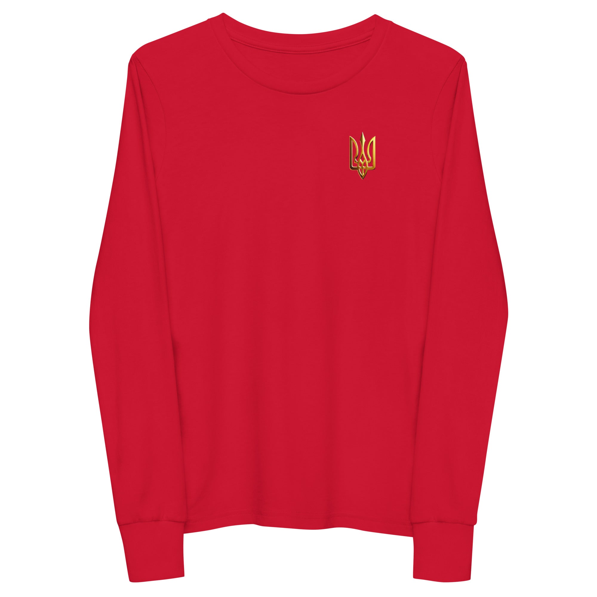 Red youth long sleeve shirt with golden Ukrainian Trizub on heart, made from soft Airlume cotton, showcasing heritage and comfort.
