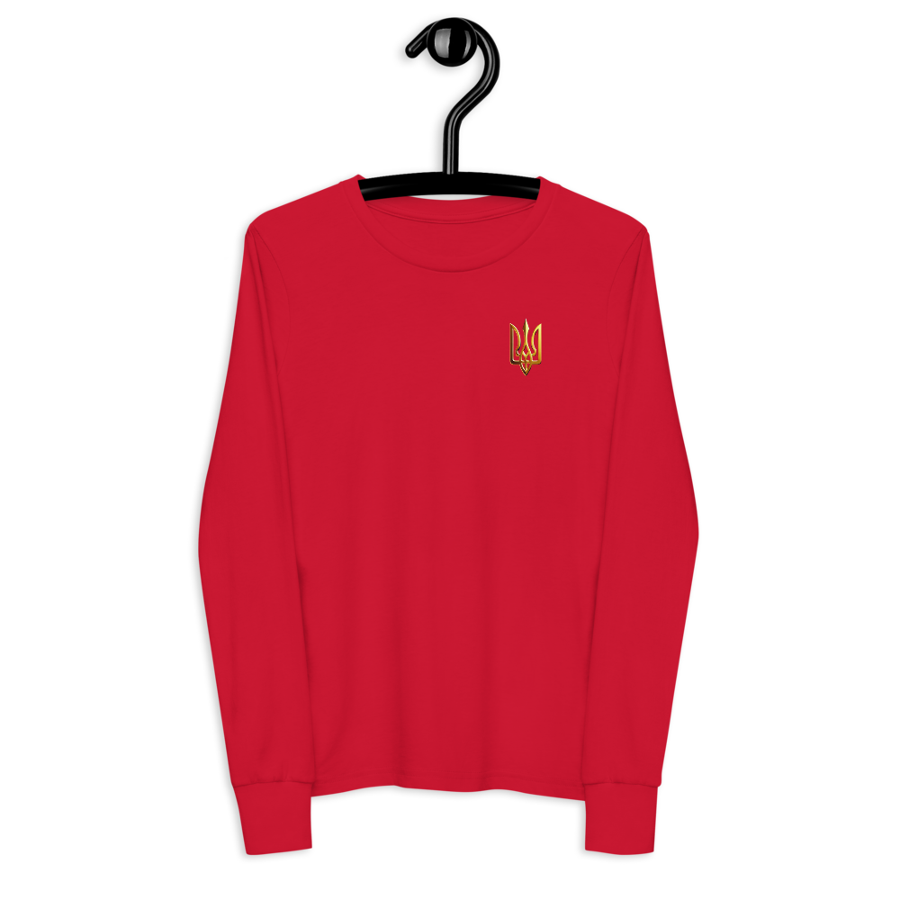 Red youth long sleeve shirt with golden Ukrainian Trizub on heart, made from soft and durable Airlume cotton, perfect for casual wear.