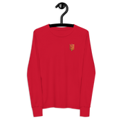 Red youth long sleeve shirt with golden Ukrainian Trizub on heart, made from soft and durable Airlume cotton, perfect for casual wear.