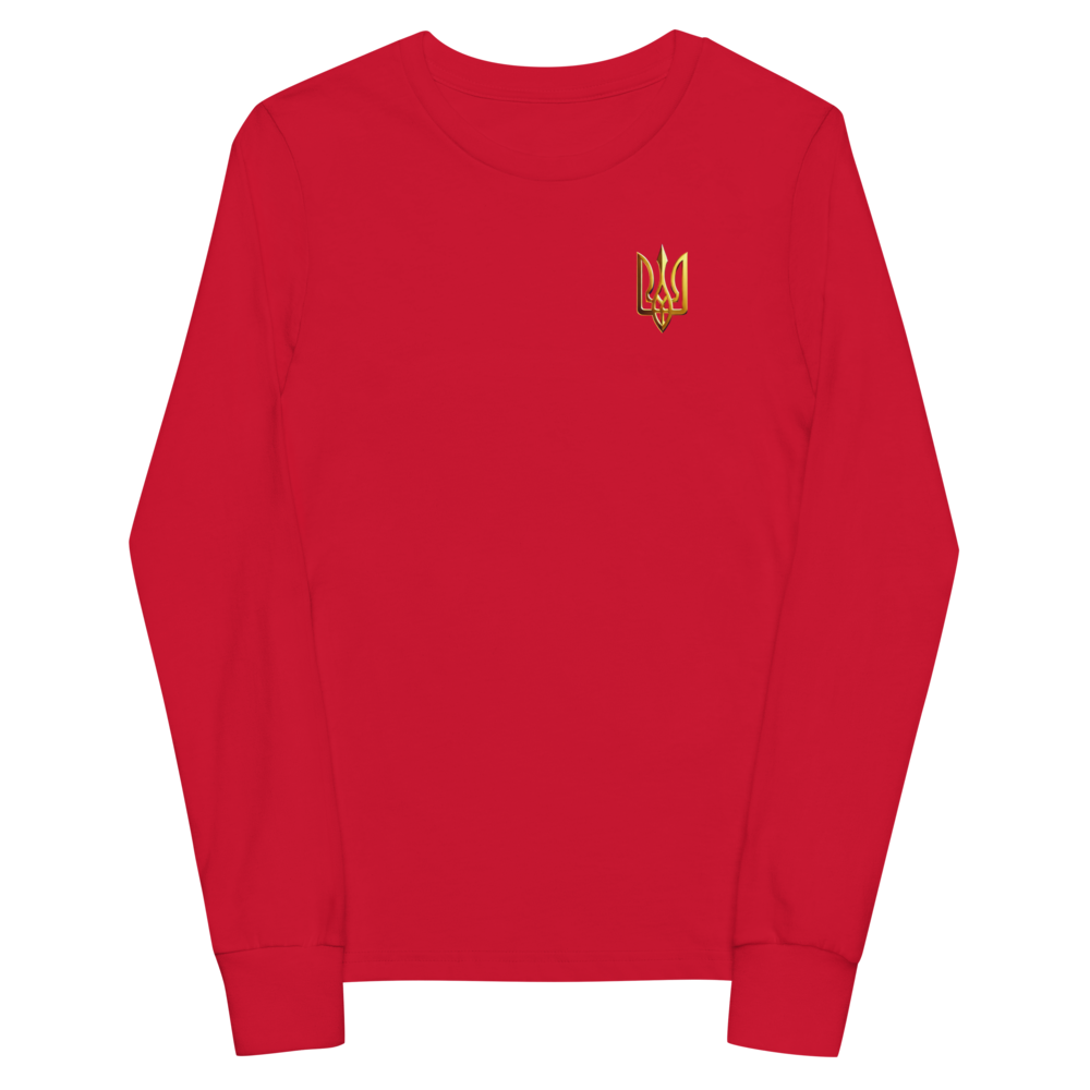 Youth red long sleeve shirt with golden Ukrainian Trizub on heart, soft Airlume cotton, classic fit with ribbed cuffs.