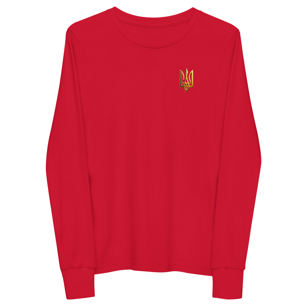 Red youth long sleeve shirt with golden Ukrainian Trizub on heart, soft Airlume cotton, regular fit, crew neck and ribbed cuffs.