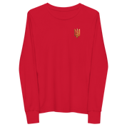 Red youth long sleeve shirt with golden Ukrainian Trizub on heart, soft Airlume cotton, regular fit, crew neck and ribbed cuffs.