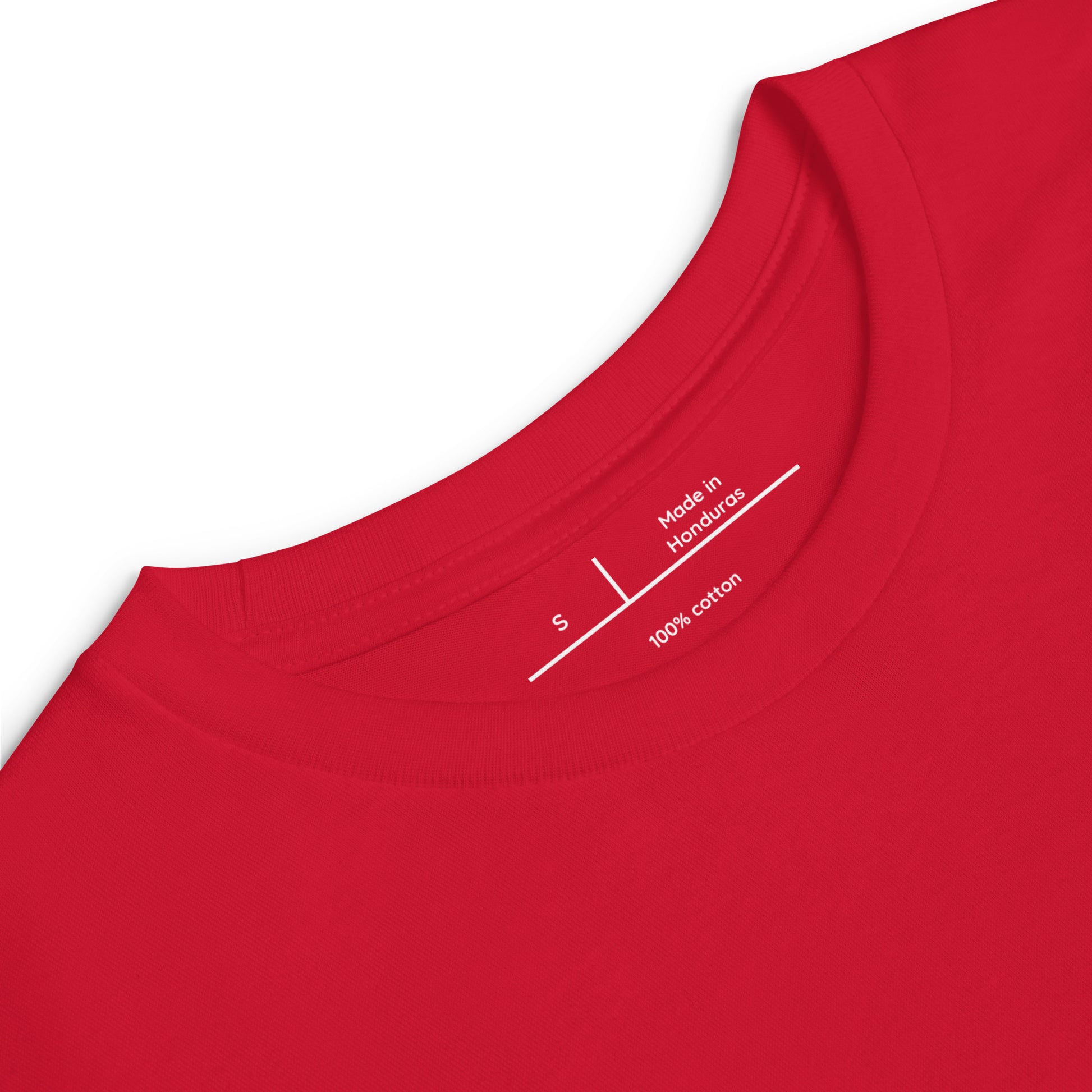 Red youth long sleeve tee neckline with size and material label, made in Honduras, 100% cotton.