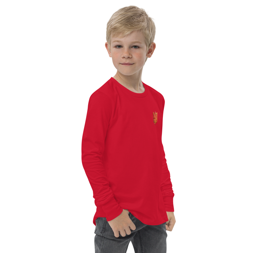 classic fit youth shirt,golden Trident shirt,golden Trizub shirt,golden Ukrainian emblem,soft cotton youth shirt,Ukraine trident shirt,Ukrainian heritage apparel,Ukrainian pride clothing,Ukrainian Trizub youth shirt,youth long sleeve shirt