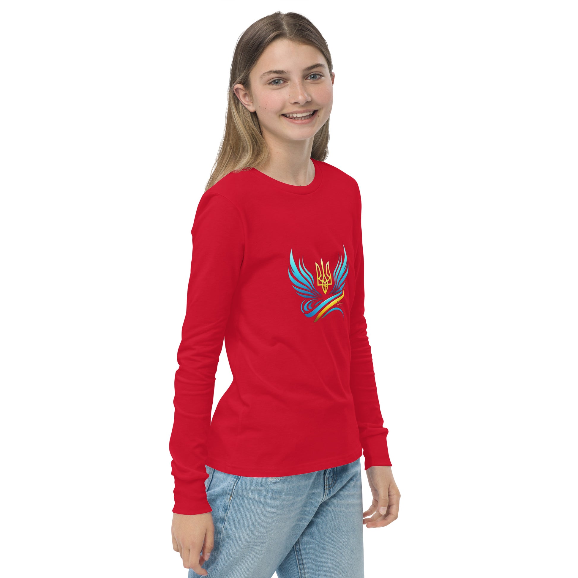 Youth wearing red long sleeve tee featuring Ukrainian Vibe Tryzub logo, made from soft Airlume cotton for comfort and durability.