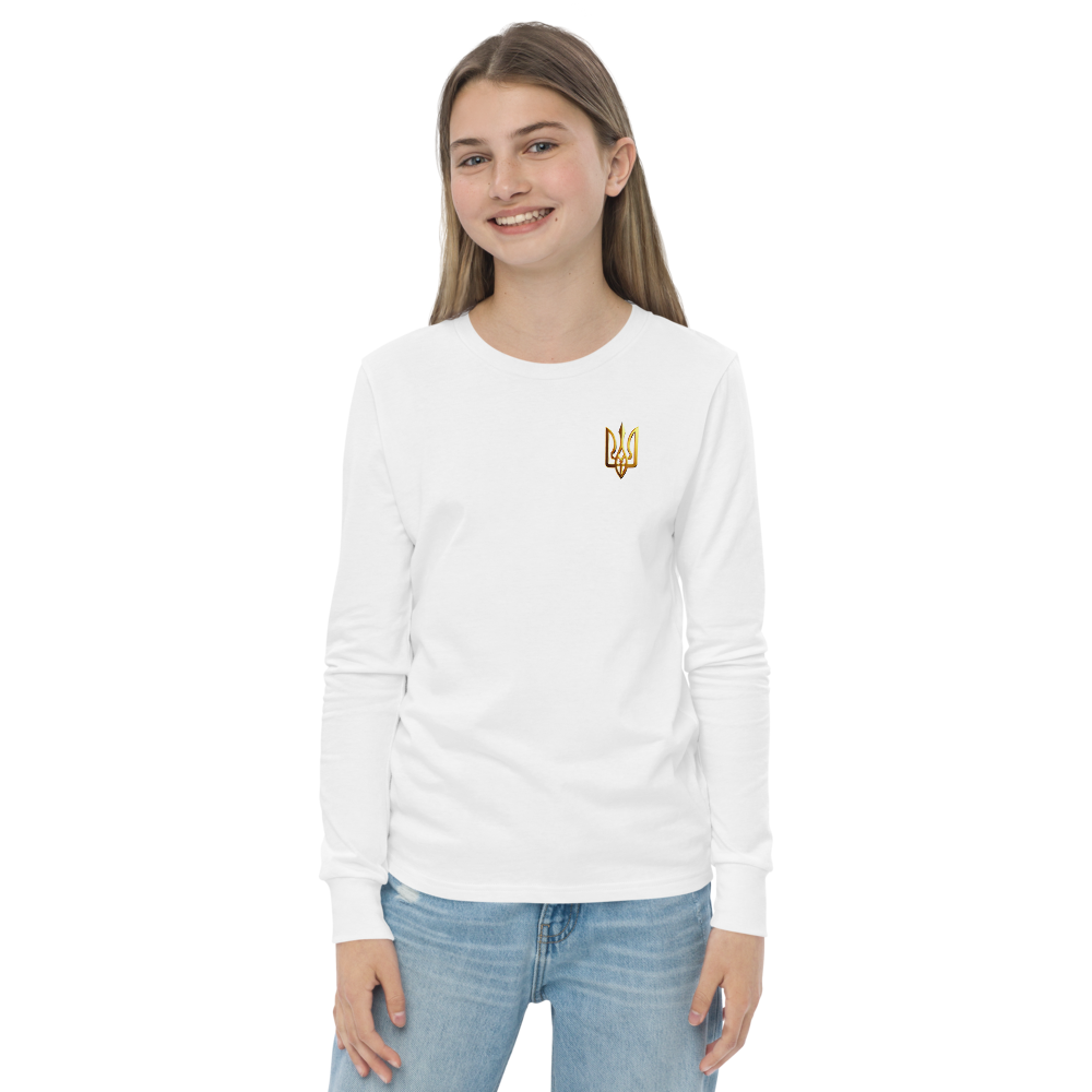 classic fit youth shirt,golden Trident shirt,golden Trizub shirt,golden Ukrainian emblem,soft cotton youth shirt,Ukraine trident shirt,Ukrainian heritage apparel,Ukrainian pride clothing,Ukrainian Trizub youth shirt,youth long sleeve shirt